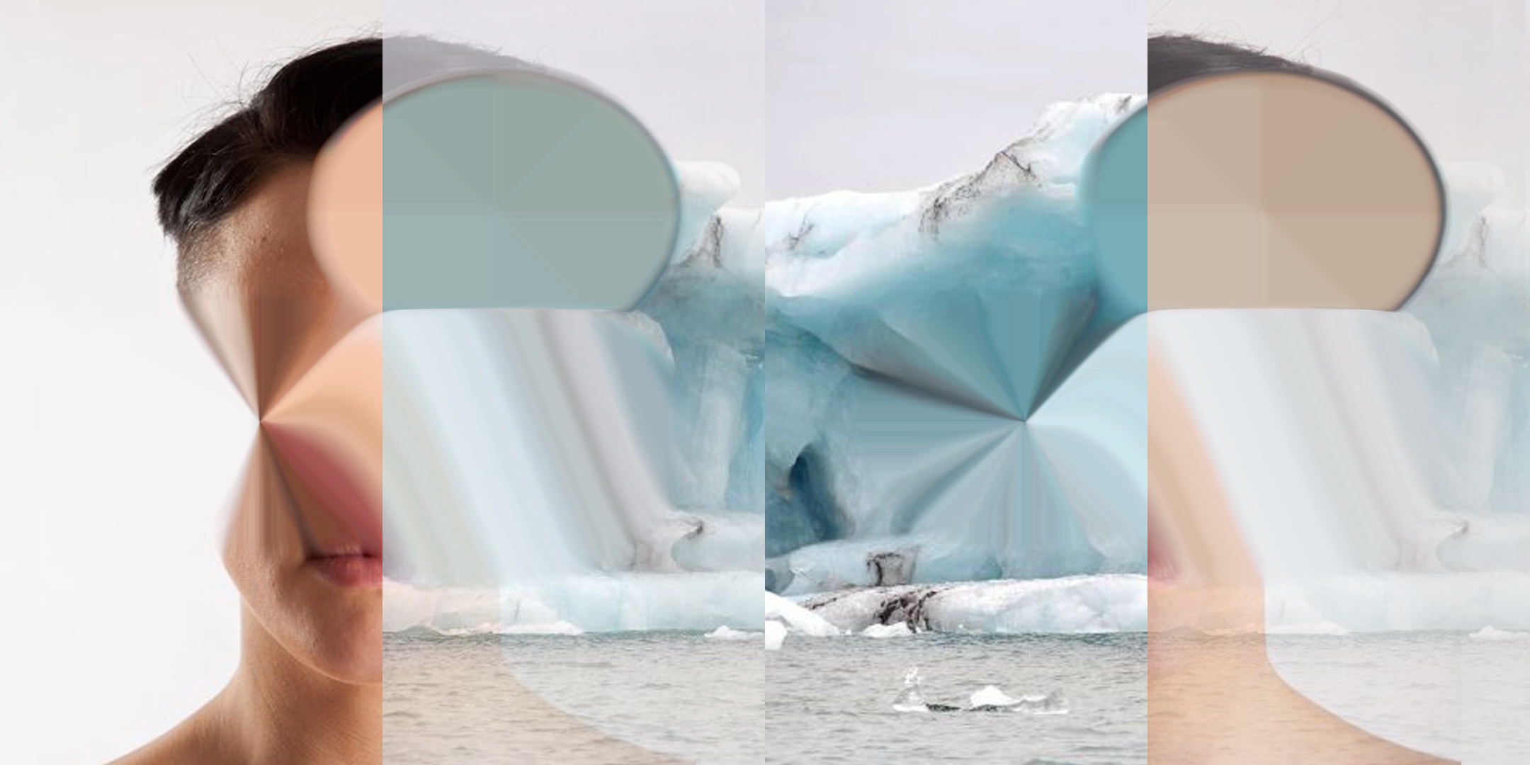 Video still from Becoming Illegible (expanding) showing a woman's face that has been blown up until it becomes a flat circle, and a glacier image treated the same way.