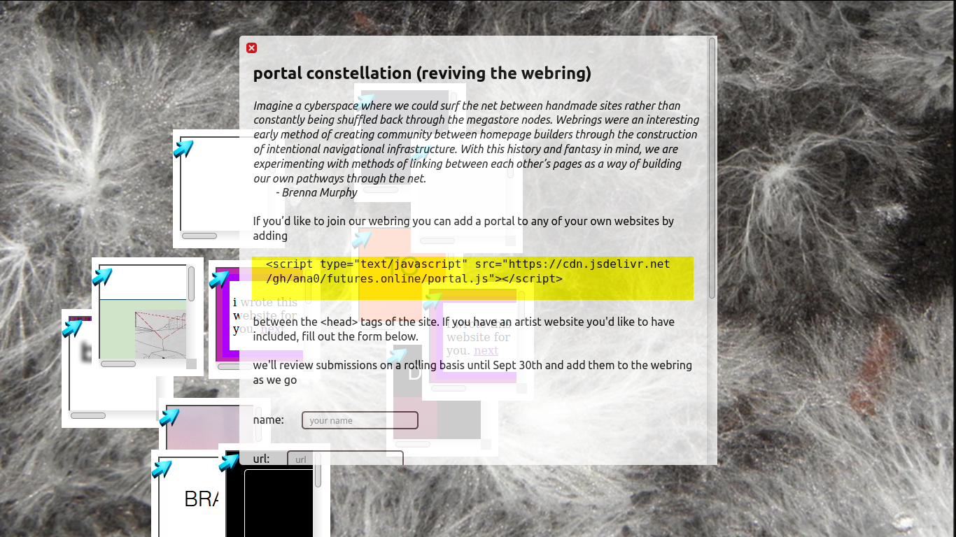 Webring project application form by Sarah Friend, mycelial network background with a modal explaining how to install the webring