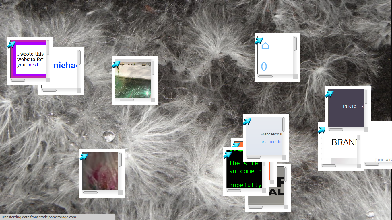 Webring project website, 10 instantiations of the webring are scattered over an image of a mycelial network, all linking to different sites that were part of the project