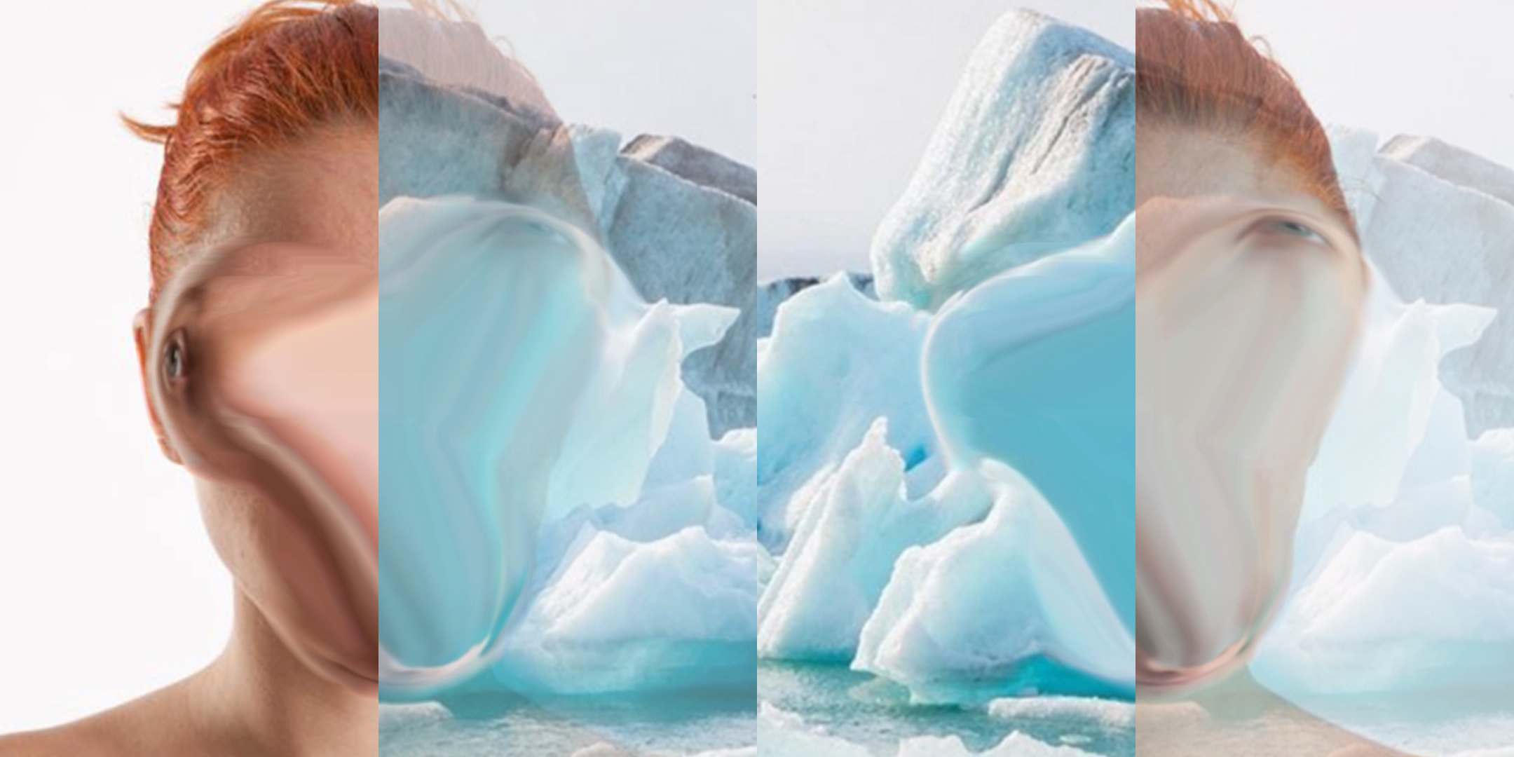 Video still from Becoming Illegible (spiraling) showing a woman's face that has been warped into a triangular shape, and a glacier beside it that is similarly warped.