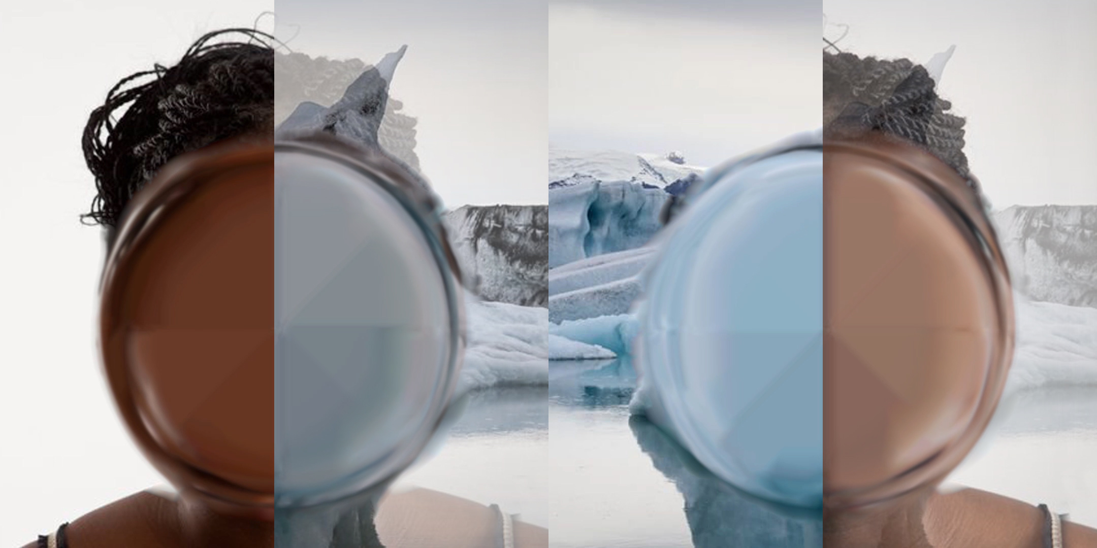 Video still from Becoming Illegible (sinking) - both the woman and the glacier appear to be melting