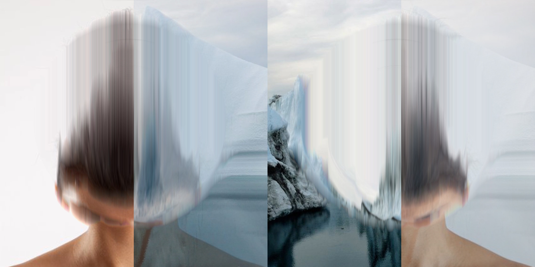 Video still from Becoming Illegible (sinking) that shows both a woman's face and a glacier being pinched to one side