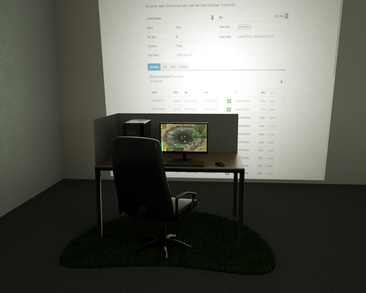 3D render of ClickMine with Etherscan projected in the background