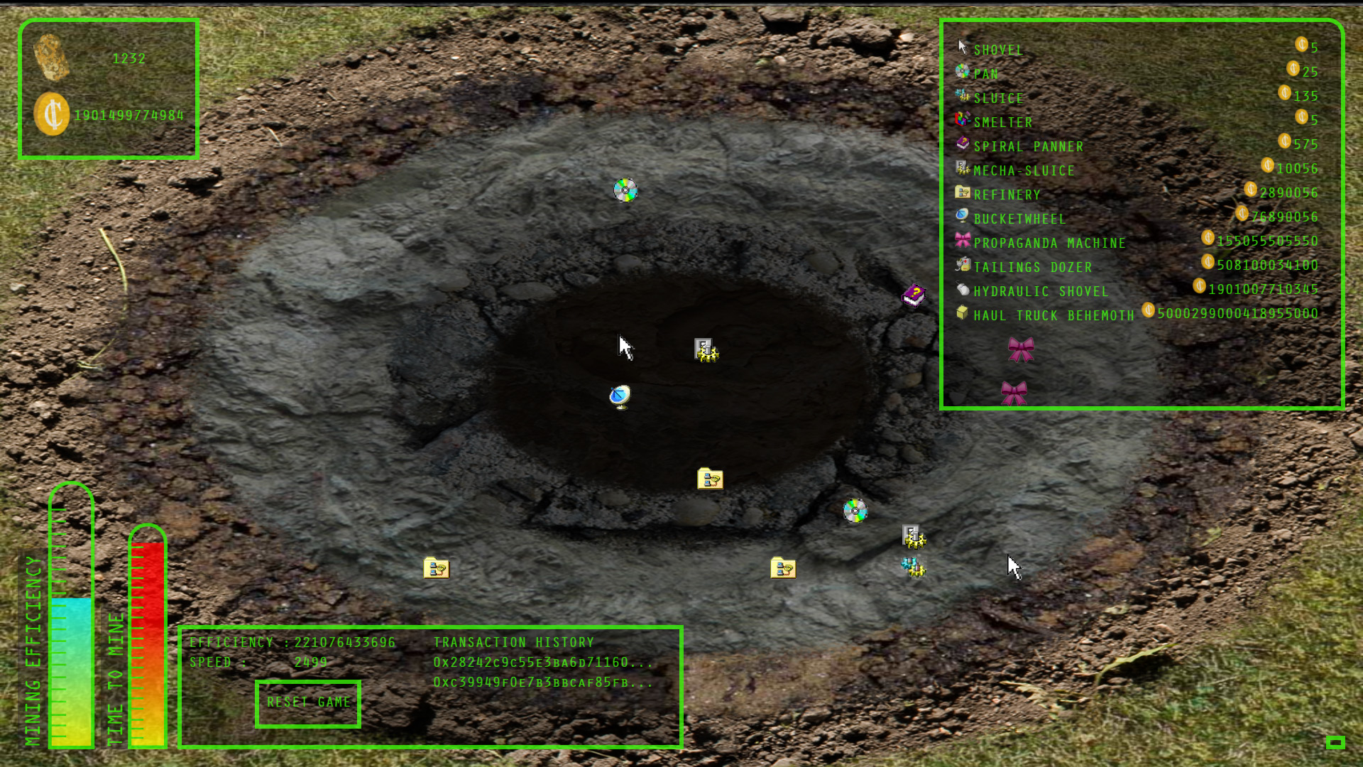 Gameplay from ClickMine by Sarah Friend, the hole is larger and deeper