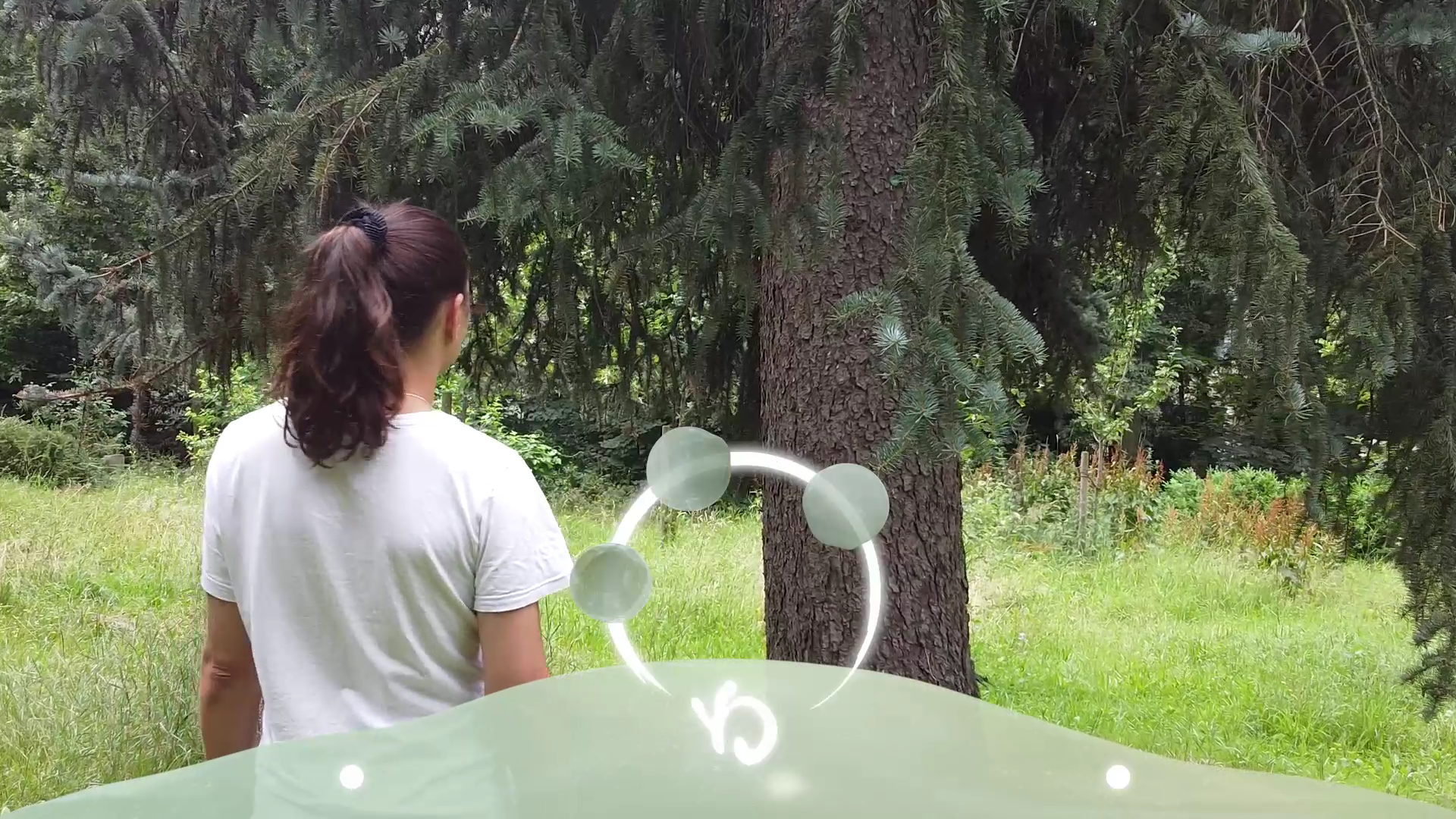 Screenshot from the video, Eve is in third person view inspecting a pine tree. the overlay is soft green and slightly translucent, with no recognizable words, only abstract glyphs