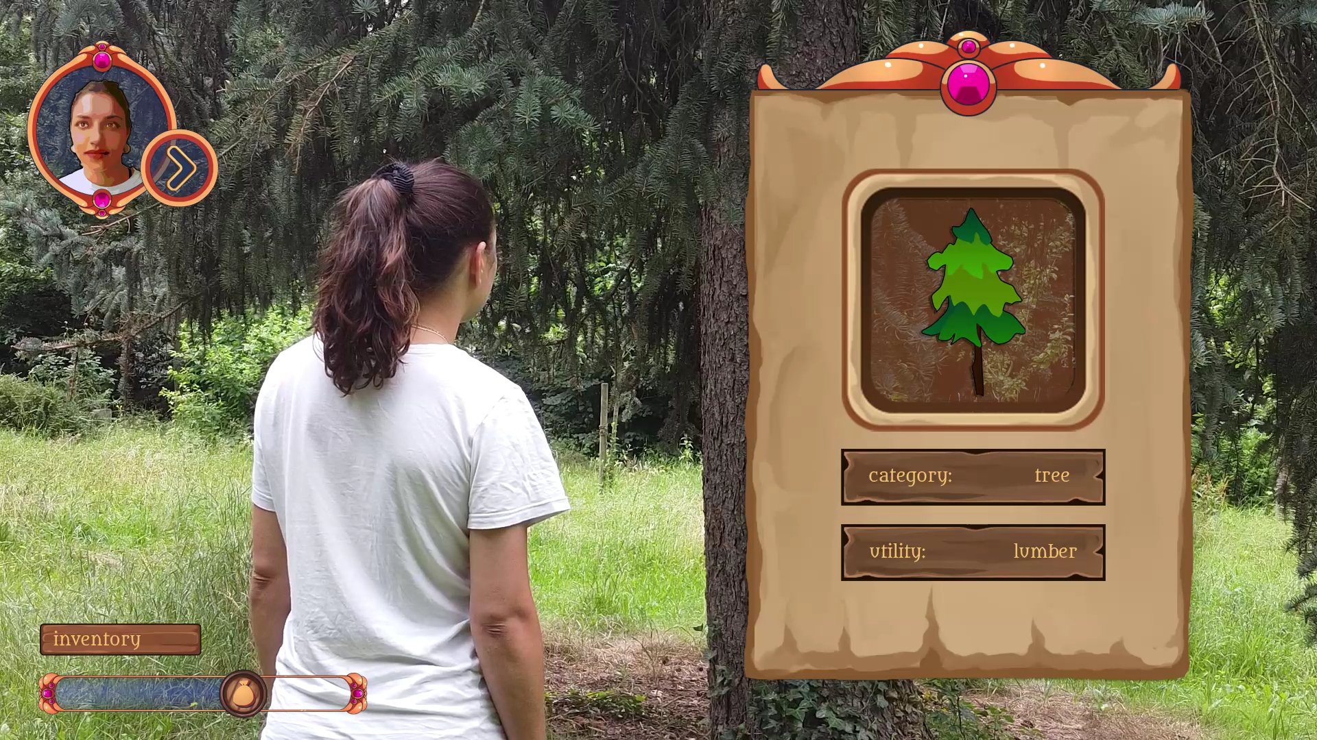 Screenshot from the video, Eve is looking at the pine tree still but the interface has shifted to a cartoony rpg-style display, labeling the tree with `utility: lumber`