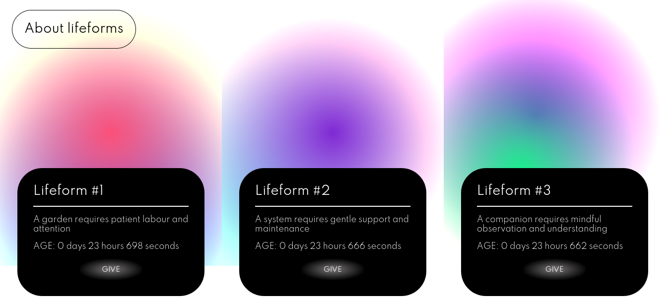 Screenshot from the lifeforms homepage, showing the first three lifeforms created. They appear as soft gradients