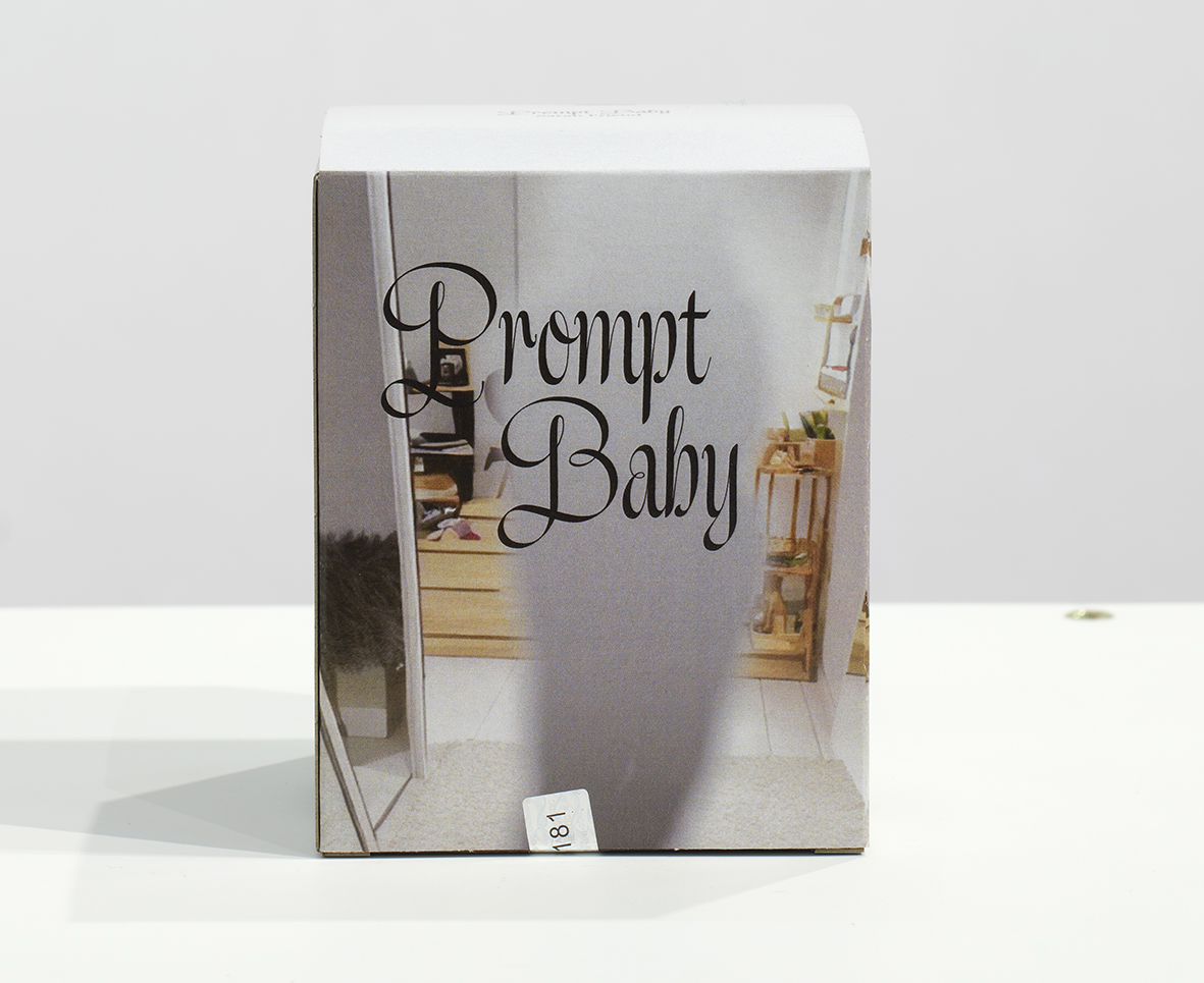 A close-up of a single silver box labelled Prompt Baby by Sarah Friend on a white surface, the box art showing an AI-generated domestic interior scene with furniture and soft shadows