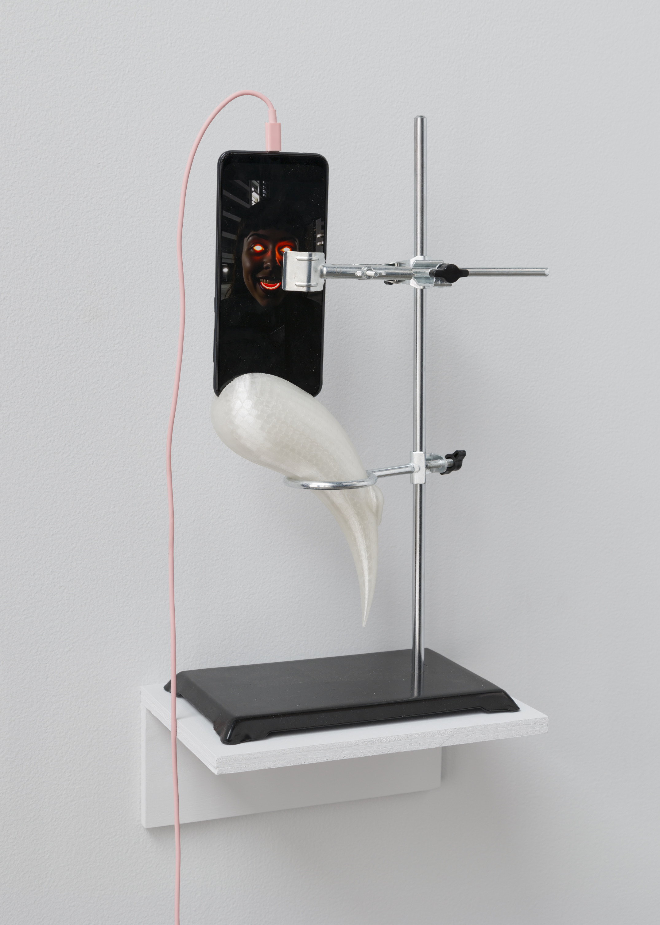 A sculpture on a wall-mounted shelf: a smartphone displaying a screaming face with glowing red eyes is clamped to a silver laboratory retort stand, with a white organic sculptural form resembling a tooth or horn attached below, connected by a trailing pink USB cable