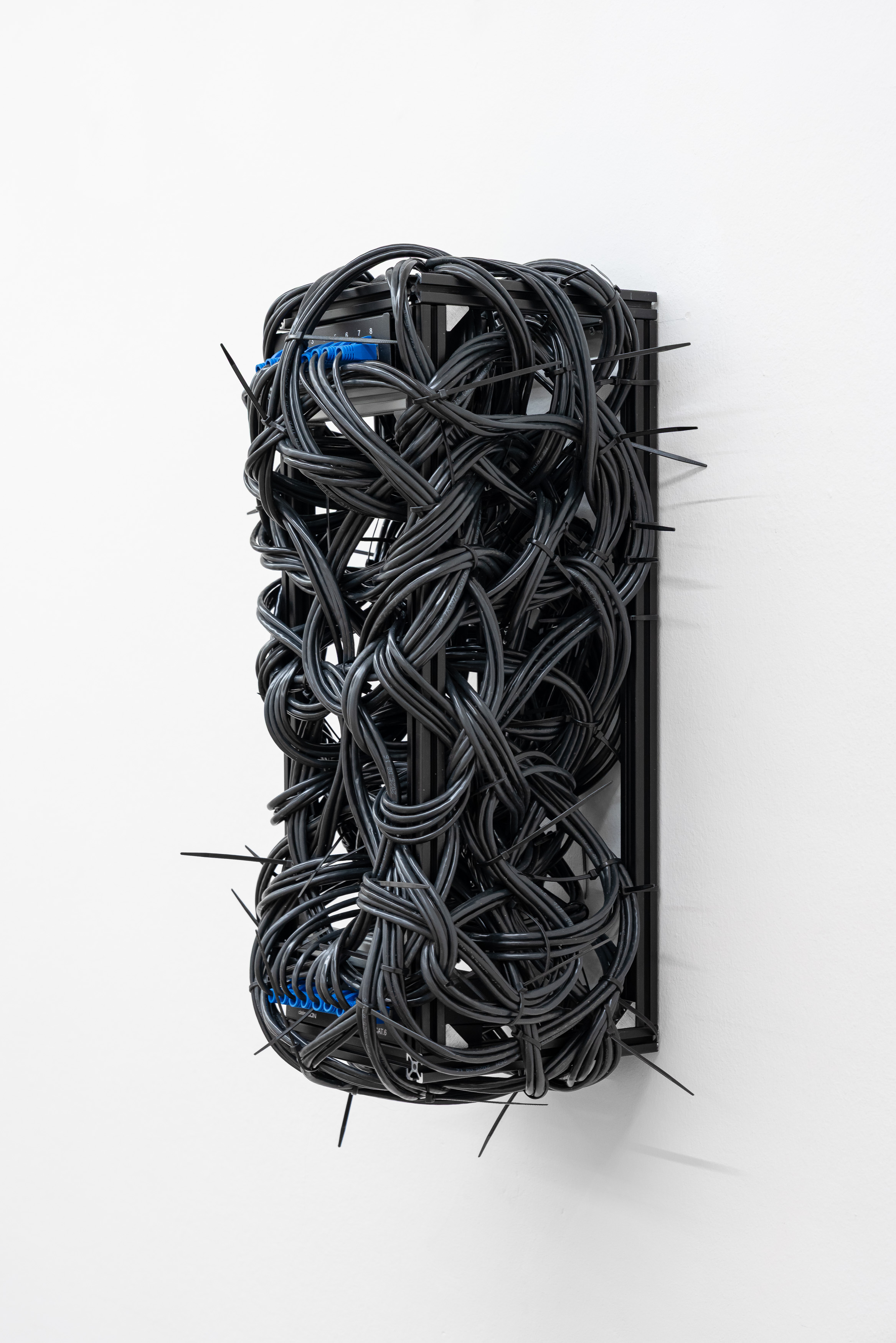 A wall-mounted sculpture of coiled black cables forming a dense mass within a black rectangular frame, with sharp black metal spikes protruding outward and blue connector clips visible inside